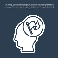 Blue line Hand holding flag icon isolated on blue background. Victory, winning and conquer adversity concept. Vector