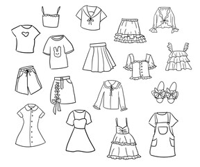 Set of black and white hand-drawn doodle style young girl clothes