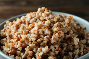 Concept of tasty eating with buckwheat, close up