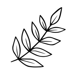 Branch with leaves. Hand drawn black doodle outline silhouette of plant twig. Stock vector minimal illustration isolated on white background.
