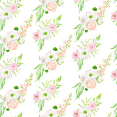 Watercolor floral seamless pattern. Hand drawn elegant bouquets isolated on white. Blush flowers and greenery repeated background. Botanical print for wallpaper, wrapping, scrapbook, fabrics, fashion.