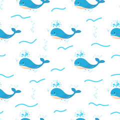 Kids pattern with blue whale and waves. Cute little whale seamless pattern on white background.