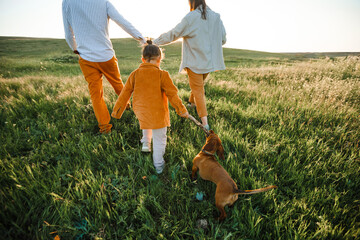 A hipster family walks in a summer field.
