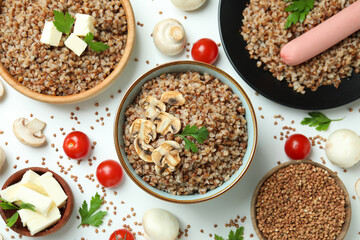 Concept of tasty eating with buckwheat on white background