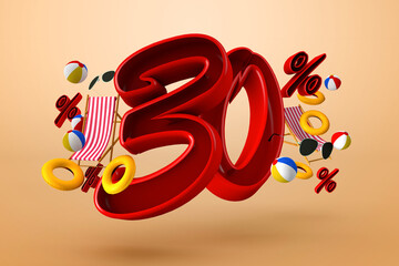 Summer sale red 30 percent off promotional with beach accessories isolated template