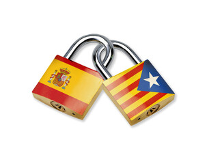 Interlocking padlocks with flag of Spain and with flag of Catalonia isolated on white background. Conceptual image of the independence conflict. Spanish government pardons for jailed separatists. - obrazy, fototapety, plakaty