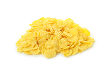 Dry uncooked corn flakes isolated on white background