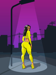 Girl at night in light a street lamp banner. Painted sexy girl brochure. Comic lady poster template, Dancing beautiful Cartoon woman flyer.