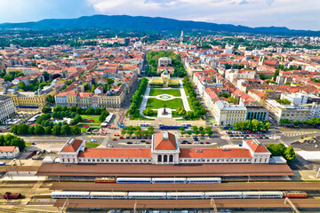 Zagreb central train station and Lenuci Horseshoe. Green zone of Zagreb historic city center aerial...
