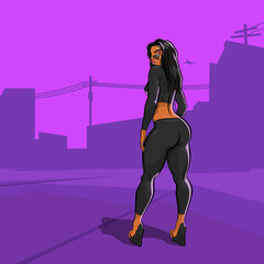 Girl at night in light a street lamp banner. Drawn nice woman. Painted sexy girl brochure. Comic lady poster template, Dancing beautiful Cartoon woman with a big ass flyer flyer.