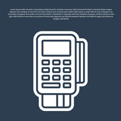 Blue line POS terminal with inserted credit card and printed reciept icon isolated on blue background. NFC payment concept. Vector