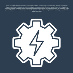 Blue line Gear and lightning icon isolated on blue background. Electric power. Lightning bolt sign. Vector