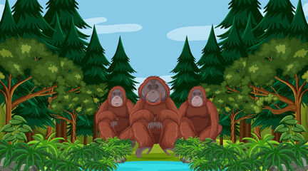 Obraz na płótnie Canvas Orangutan in forest or rainforest scene with many trees
