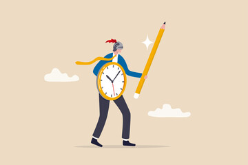 Fight procrastination for productivity master or efficiency professional, time management or project deadline challenge concept, businessman wearing knight helm using clock shield and pencil sword. - obrazy, fototapety, plakaty