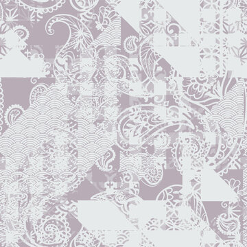 geometric  vector floral and damasks patterns seamless patchwork  of beautiful boho style on linen texture background . fashionable digital print pattern design 
