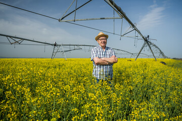 Proud senior farmer is standing by his rapeseed field.