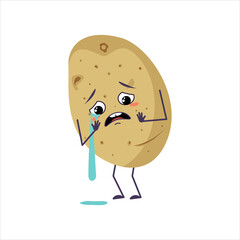 Cute potato character with crying and tears emotions, face, arms and legs. The funny or sad food hero, vegetable. Vector flat illustration