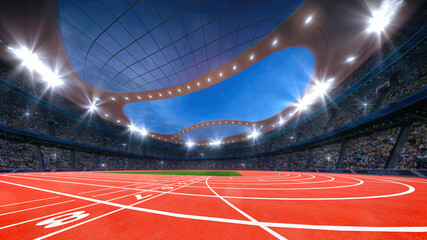 Magnificent athletic sport stadium full of fans, view over the finish line. Professional digital 3d illustration of sports. - obrazy, fototapety, plakaty