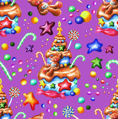 Festive children's cake. Seamless watercolor pattern (5)