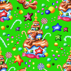 Festive children's cake. Seamless watercolor pattern (6)