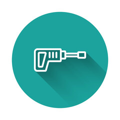 White line Electric rotary hammer drill machine icon isolated with long shadow background. Working tool for construction, finishing, repair work. Green circle button. Vector