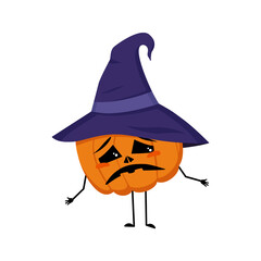 Cute pumpkin character in pointed hat with sad emotions, downcast eyes, depressing face, arms and legs. The vegetable for the holiday Halloween with eyes. Festive autumn decoration for October