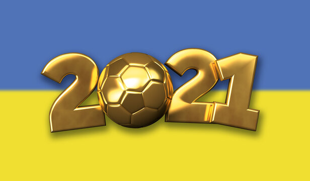 2021 Ukraine gold football text background. 3D Rendering