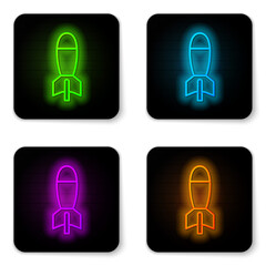 Glowing neon line Rocket launcher with missile icon isolated on white background. Black square button. Vector