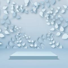 Abstract background with branches and leaves and blue podium. Vector