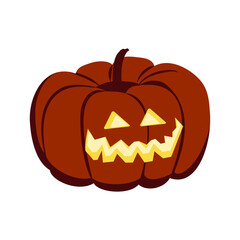 Halloween pumpkin. Festive autumn October decoration. Lantern made of vegetables with glowing eyes and a smiling mouth