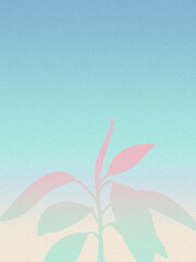 Fototapeta na wymiar Ficus leaves. Sunset view. Vintage, retro style. Simple lo-fi background. Digital grainy gradient texture. Wallpaper, template, print. Minimal, minimalist. Turquoise, blue, purple, beige neon colors