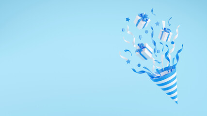 Party popper with flying confetti and gift boxes 3d render illustration.