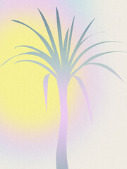 Palm tree. Sunset view. Vintage, retro style. Simple lo-fi background. Digital grainy gradient texture. Wallpaper, template, print. Minimal, minimalist. Pink, blue, purple, yellow, beige neon color