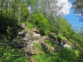 The landscape around the Marble Canyon in the Ruskeala Mountain Park on a sunny summer day.