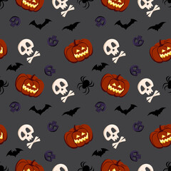 Bright dark seamless pattern with pumpkins, skulls, bats and spiders. Festive autumn decoration for Halloween. Holiday October background for paper print, textile and design