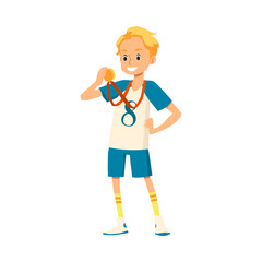 Happy kid boy winner holding his trophy - golden medal a vector illustration