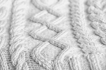 Knitting background. Craft concept. The texture of a knitted woolen fabric of a warm winter product...