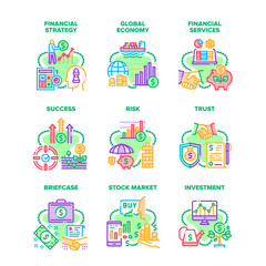 Financial Strategy Set Icons Vector Illustrations. Financial Services And Investment, Global Economy And Success Briefcase, Deal Risk And Trust, Stock Market And Store Color Illustrations