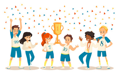 Fototapeta premium Children team of champions with trophy cup, flat vector illustration isolated.