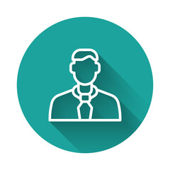 White line Worker icon isolated with long shadow background. Business avatar symbol user profile icon. Male user sign. Green circle button. Vector