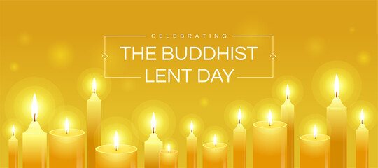 Celebrating The Buddhist lent day text in frame and yellow candles light to pray on yellow background vector design