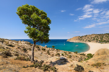 View of the Pachia Ammos beach on the south coast of the Greek island of Samothrace in the North...