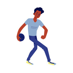 Fototapeta na wymiar African american man throwing bowling ball, flat vector illustration isolated.