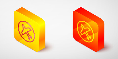 Isometric line Plane icon isolated on grey background. Flying airplane icon. Airliner sign. Yellow and orange square button. Vector