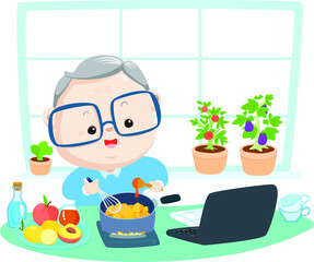 Happy grandfather is cooking food in his kitchen 
by using recipe from the internet vector illustration.
Learning cooking online from home. 