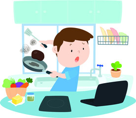 Man burnt food at his home by learning recipe from by using recipe from the internet vector illustration. Learning cooking online from home.