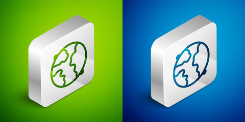 Isometric line Worldwide icon isolated on green and blue background. Pin on globe. Silver square button. Vector