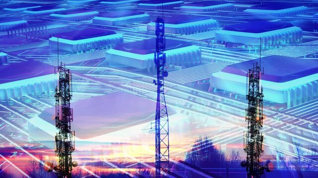 Abstract circuit board of a computer processor microchip with three cellular communication tower. . Double exposure.