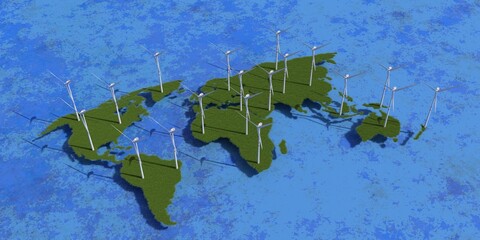 Wind turbines on the world map on a blue background. Clean energy concept. 3d illustration