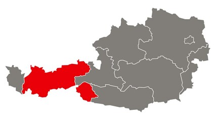 Tyrol federal state blinking red highlighted in map of Austria